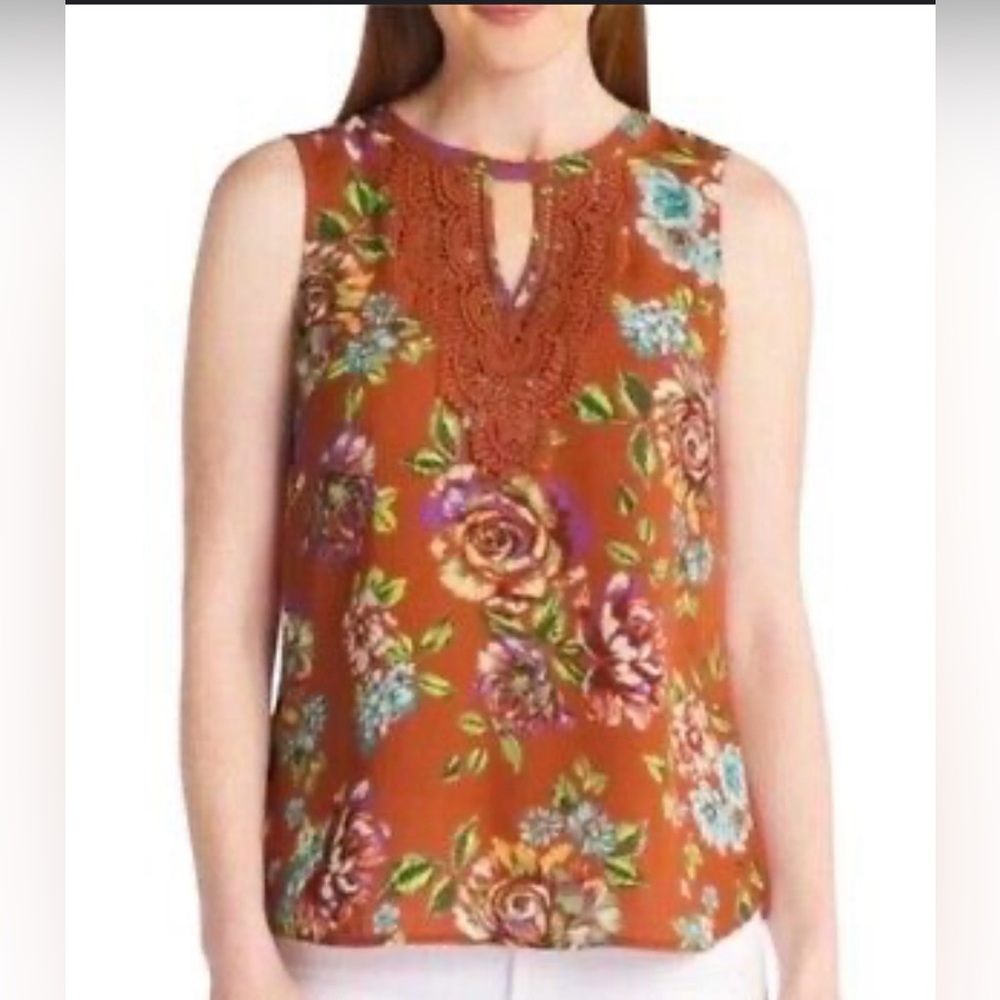 Danielrainn‎ Quinn Keyhole Crochet Top Burnt Orange Floral Sleeveless Petite XS